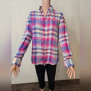 Ralph Lauren Women’s Cotton Pink Plaid Ruffled Flirty Button Down Size Small